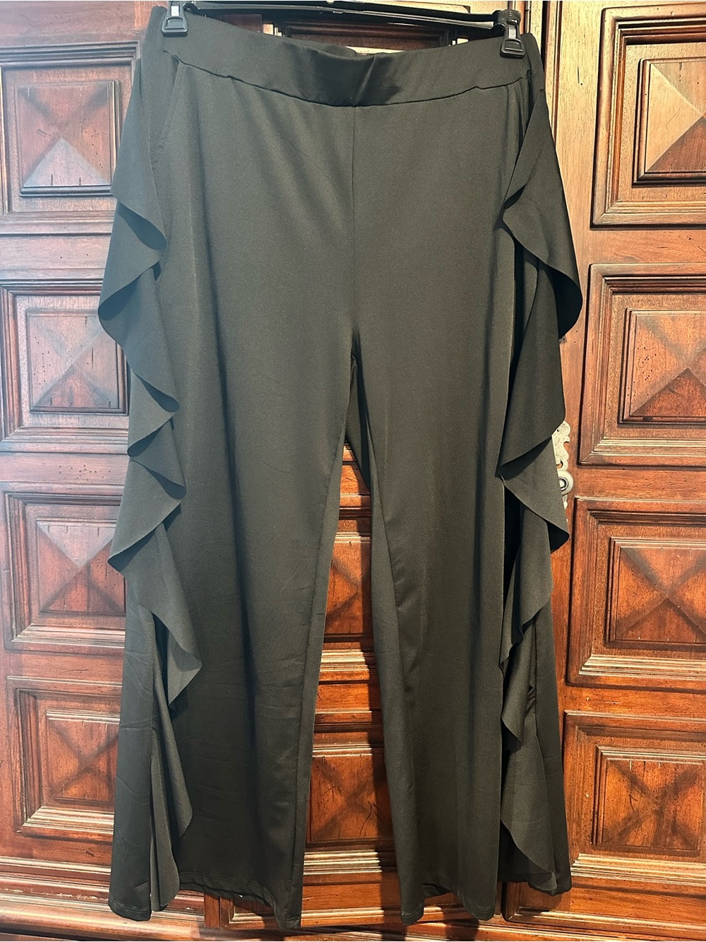 3X 22 Women's Black Ruffle Side Palazzo Pants Pockets Flattering Dressy Stretch